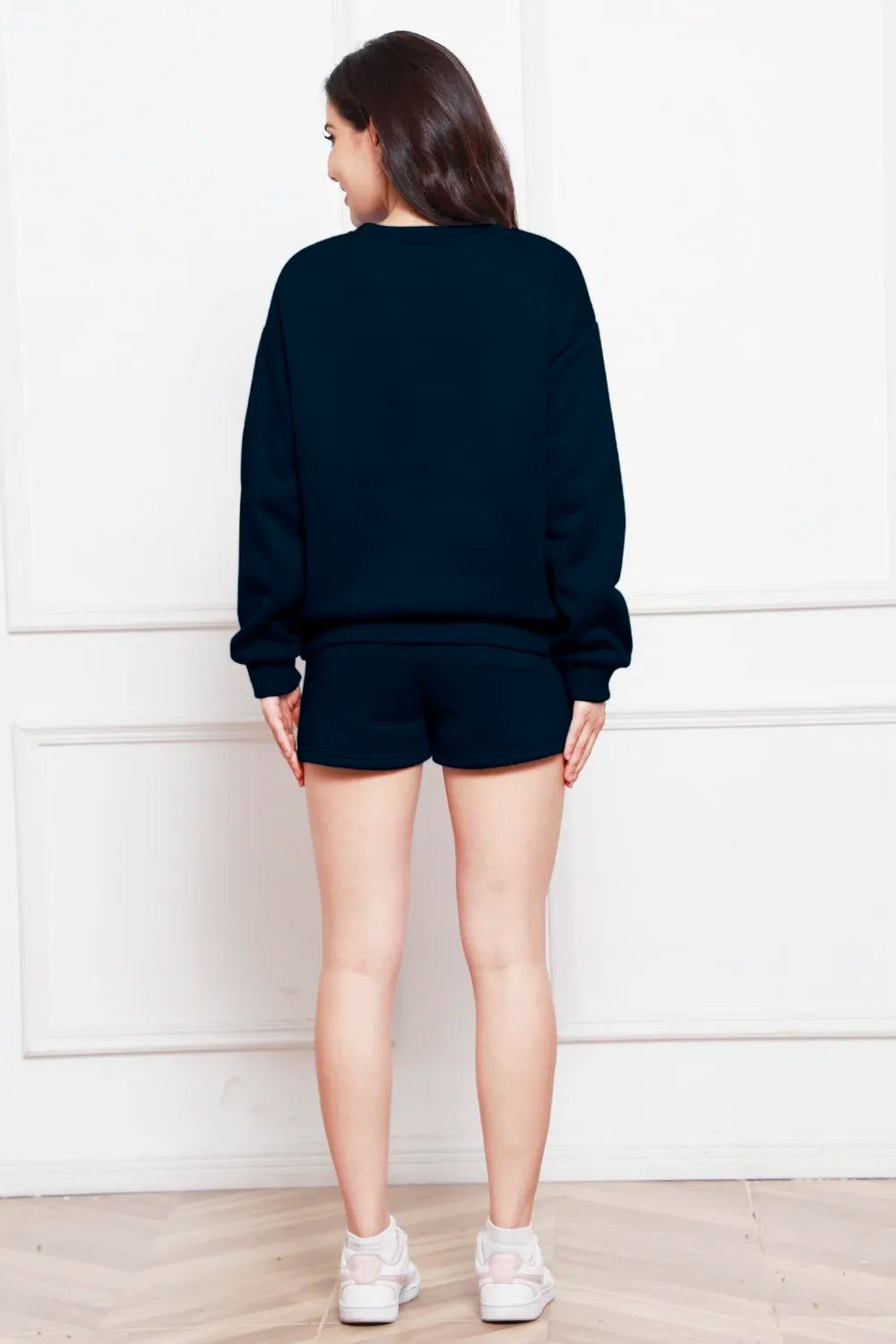 Round Neck Long Sleeve Sweatshirt and Drawstring Shorts Set - Enfance-Heureuse