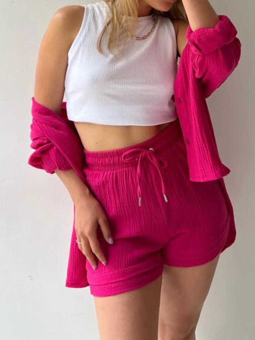 Texture Button Up Shirt and Drawstring Shorts Set - Enfance-Heureuse