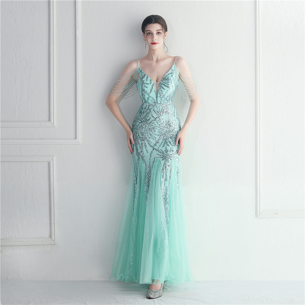 Mesh Beaded Bridal Wedding Dinner Long Camisole Evening Gown - Enfance-Heureuse