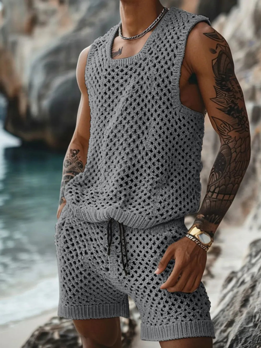Men's Plus Size Hollow Out Round Neck Tank and Shorts Set - Enfance-Heureuse