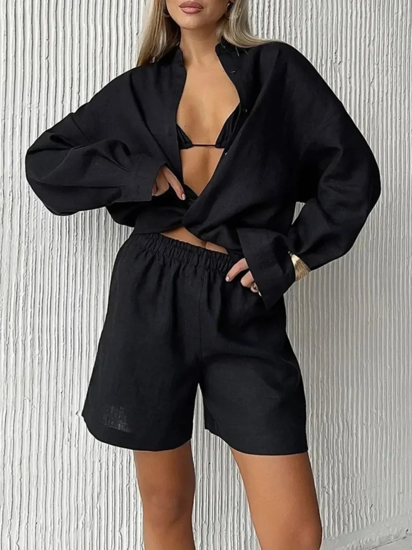 Button Up Long Sleeve Shirt and Shorts Set - Enfance-Heureuse