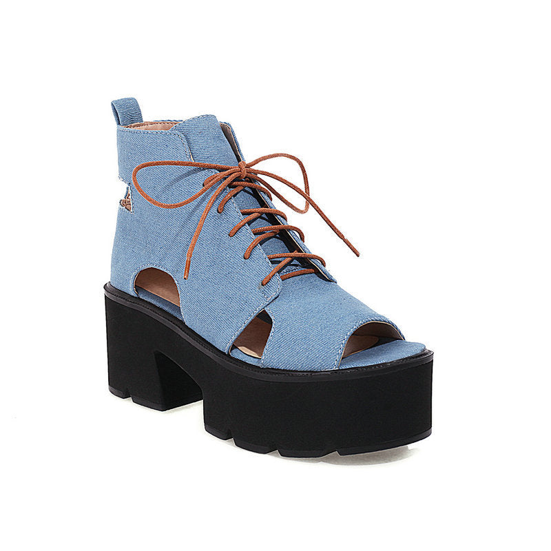 Denim Women's Sandals Front Lace-up Fish Mouth Cool - Enfance-Heureuse