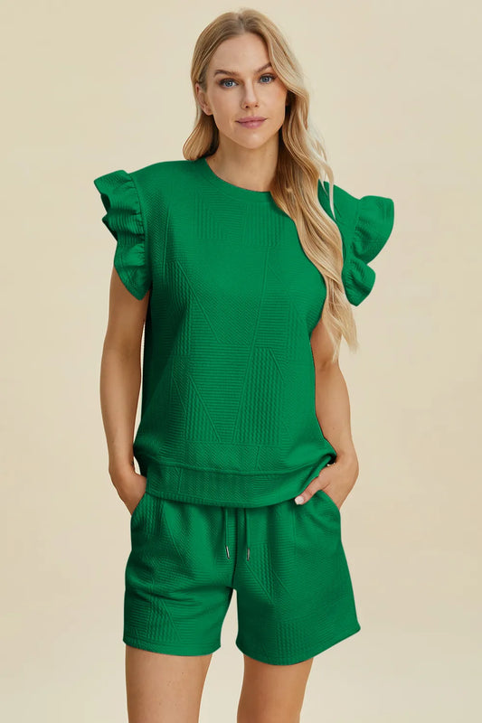 Double Take Full Size Texture Round Neck Ruffle Sleeve Top and Shorts Set - Enfance-Heureuse
