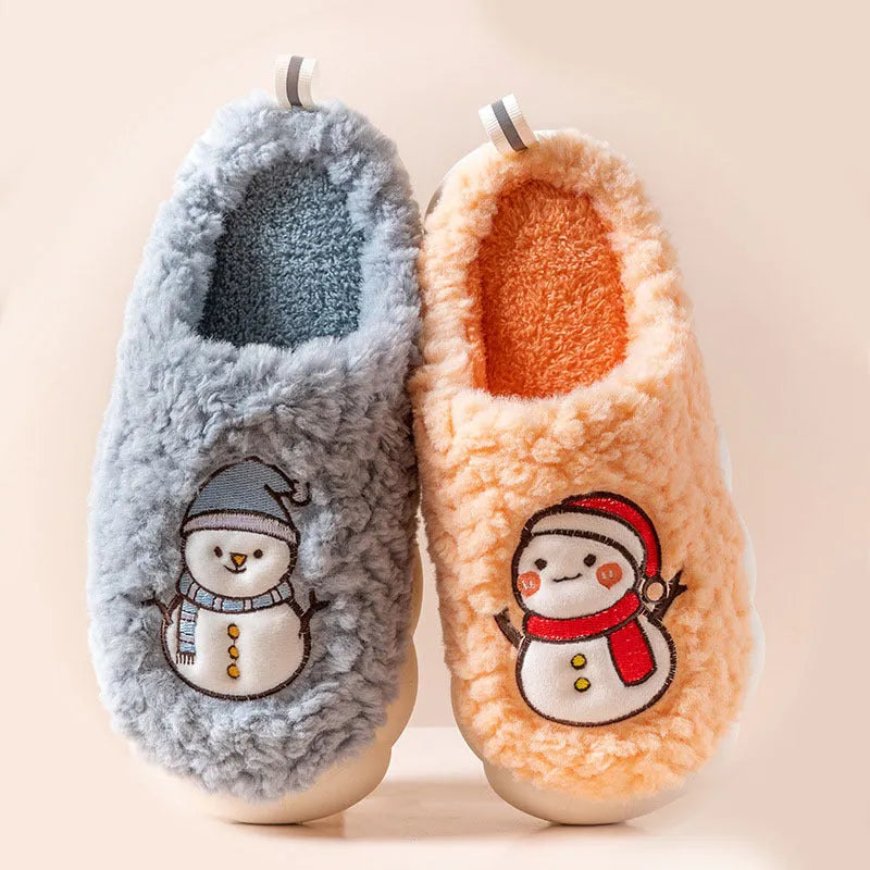 Pantoufles mignonnes de bonhomme de neige pour l'hiver, intérieur, en peluche chaude, à semelles épaisses, antidérapantes, pantoufle de maison, chaussures de maison