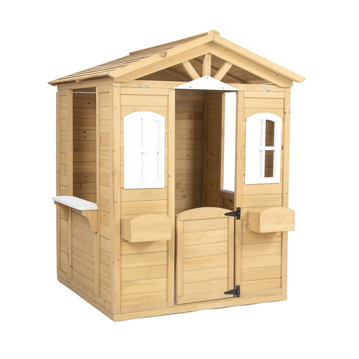 Wooden Outdoor Playhouse For Children With Work Doors, Windows, Mailbox, Flower Pot Stand