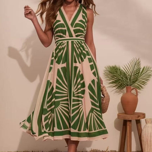 European And American V-neck Positioning Printing Backless Dress - Enfance-Heureuse