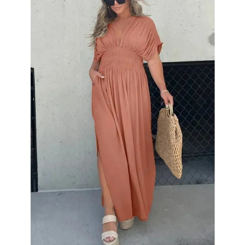 Fashion Bat-sleeved V-neck Slit Dress Summer Short Sleeve Elastic Waist Long Dresses Womens Clothing - Enfance-Heureuse