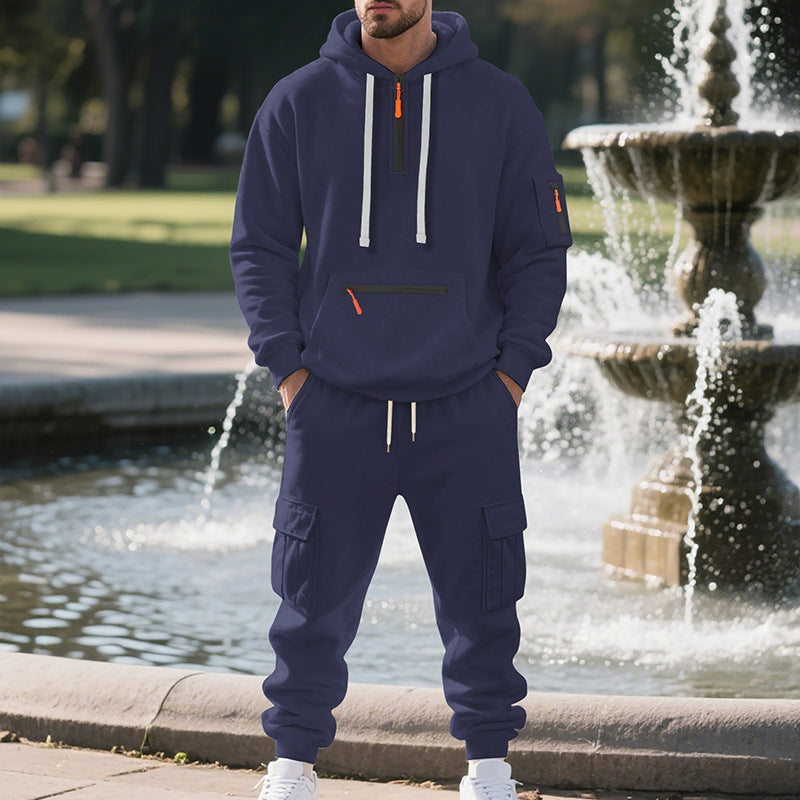 Men's Loose Sports And Leisure Suit Sweater Fleece-lined Hoodie Set Zipper Multi-Pocket Pullover Men's Sports Casual Top Two-piece Set - Enfance-Heureuse