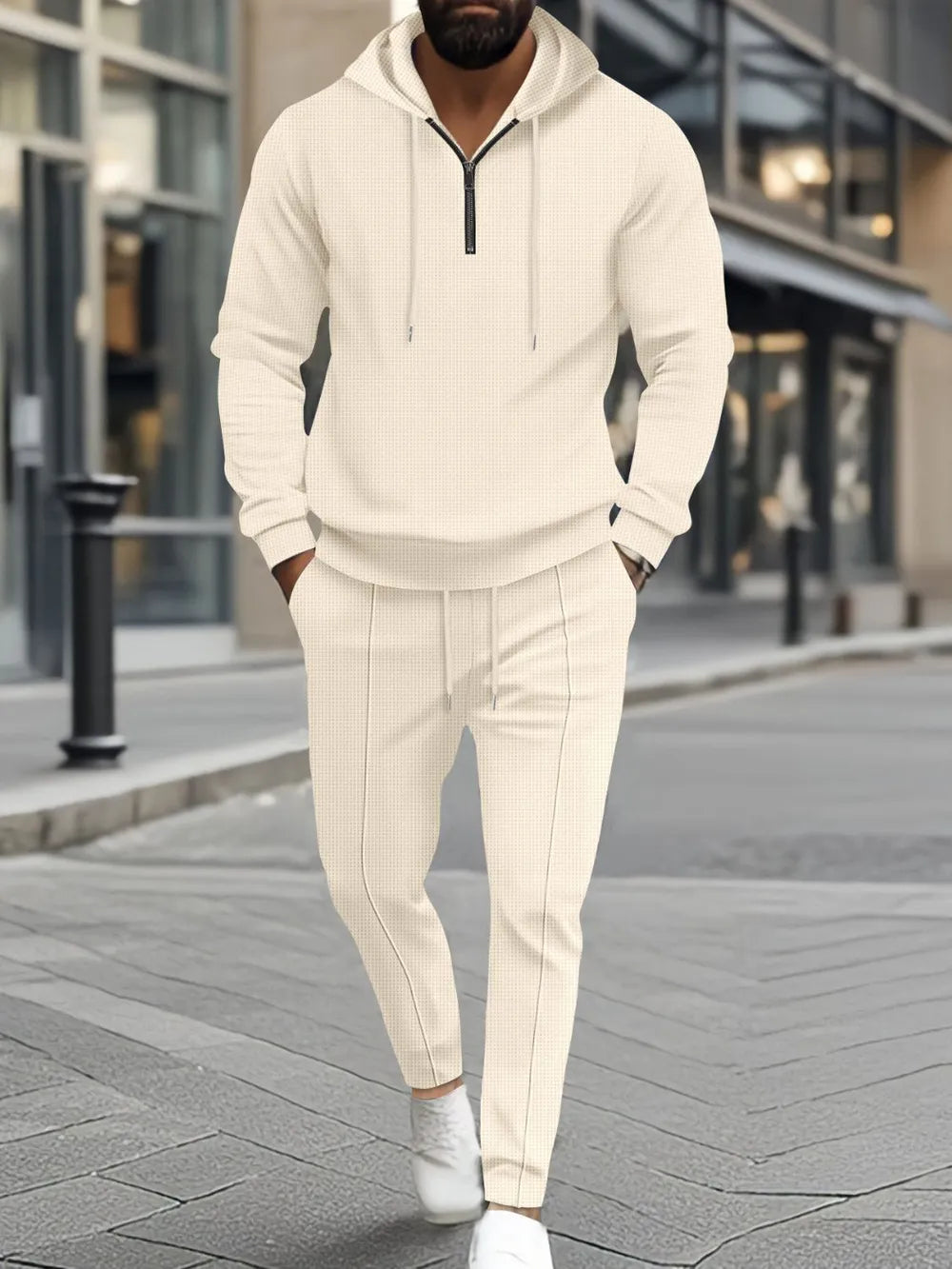 Men's Full Size Waffle-Knit Half Zipper Hoodie and Pants Set Plus Size - Enfance-Heureuse