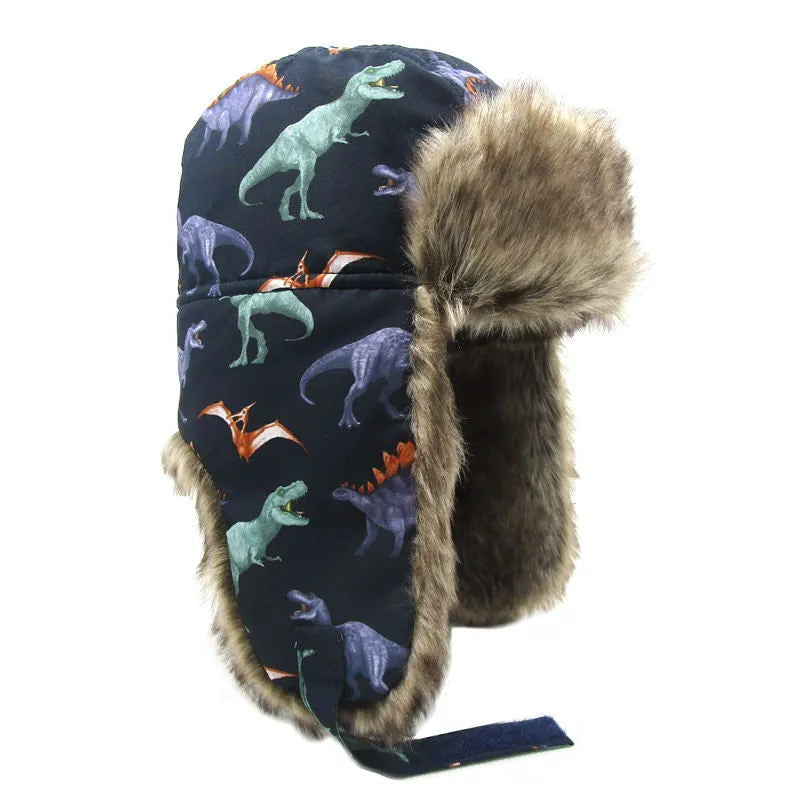 Gorro con protección para los oídos cálido y grueso con estampado de dinosaurio para niños