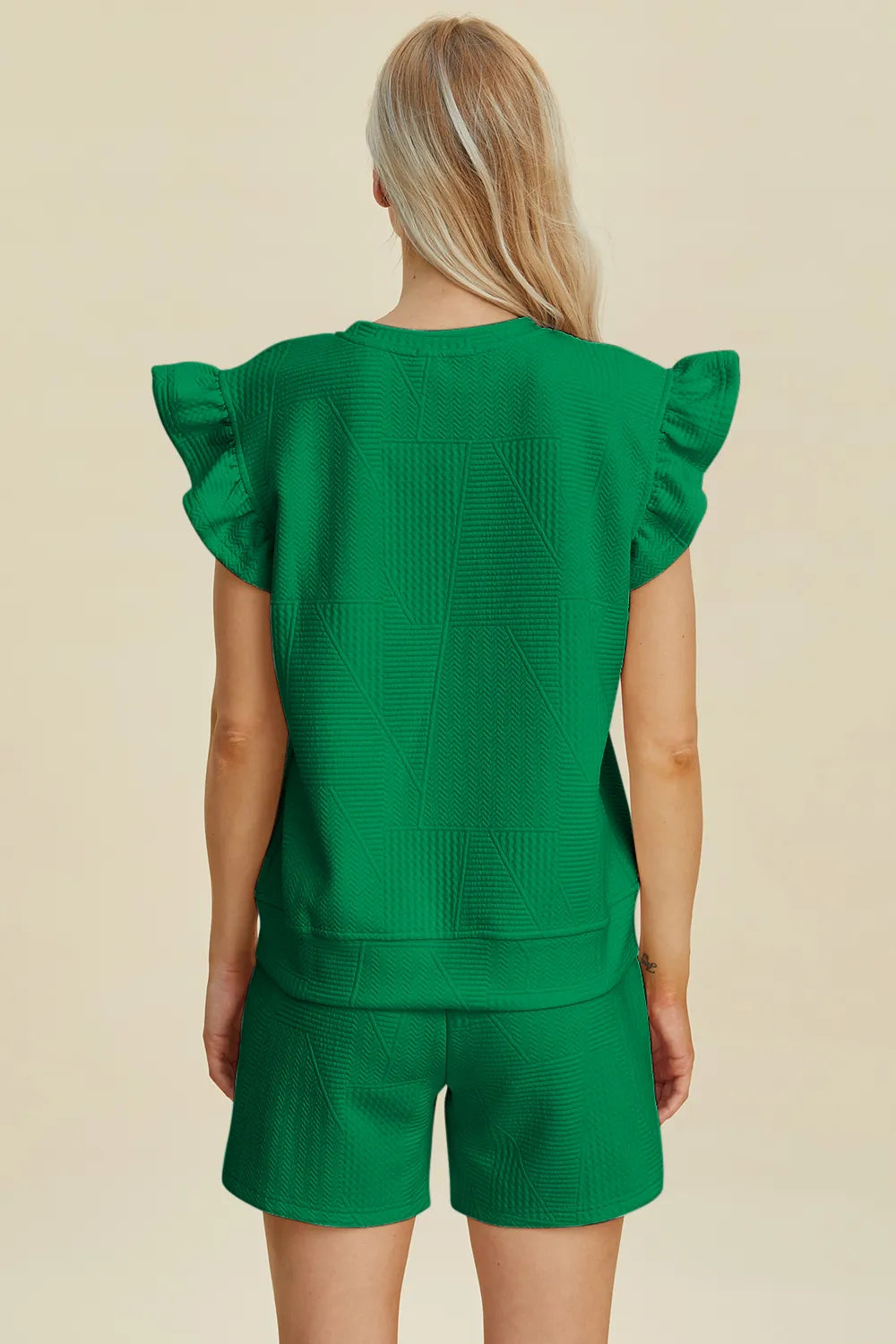 Double Take Full Size Texture Round Neck Ruffle Sleeve Top and Shorts Set - Enfance-Heureuse