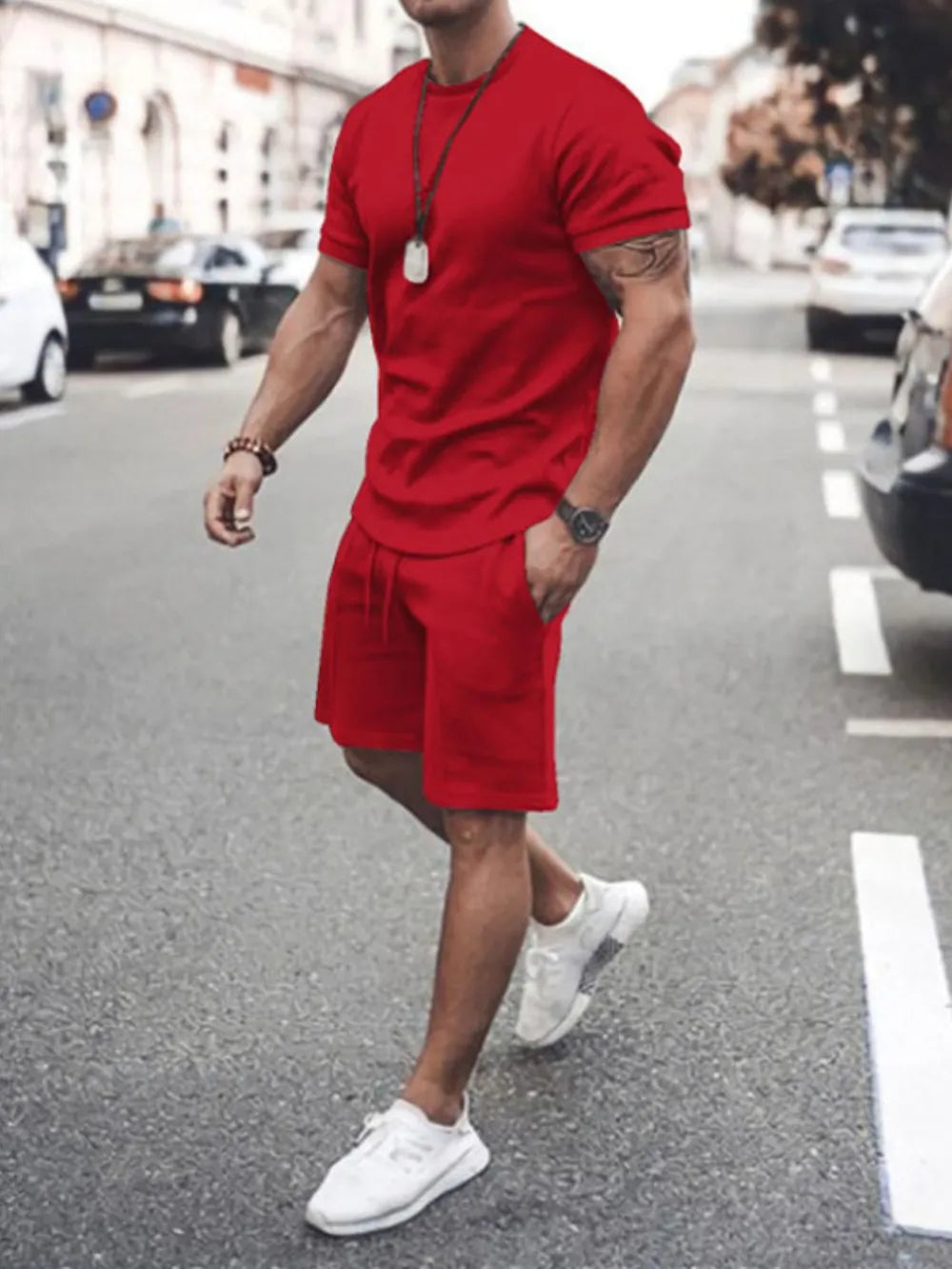 Men's Plus Size Round Neck Short Sleeve Top and Shorts Set - Enfance-Heureuse