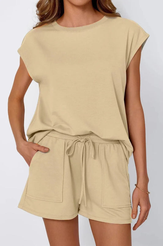 Round Neck Cap Sleeve Top and Shorts Set - Enfance-Heureuse
