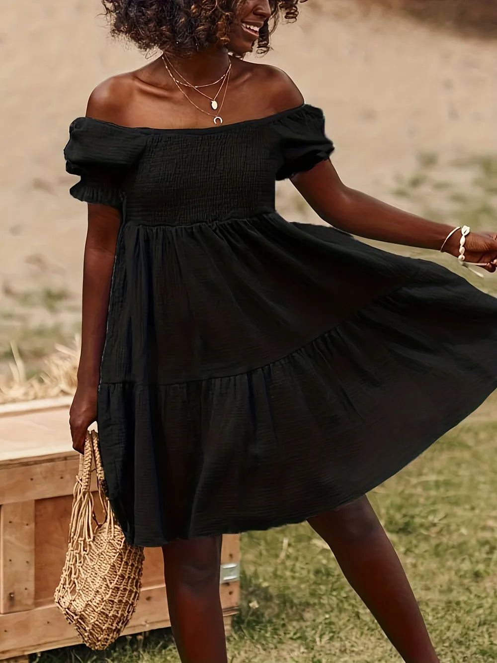 Full Size Ruffled Off-Shoulder Short Sleeve Dress - Enfance-Heureuse