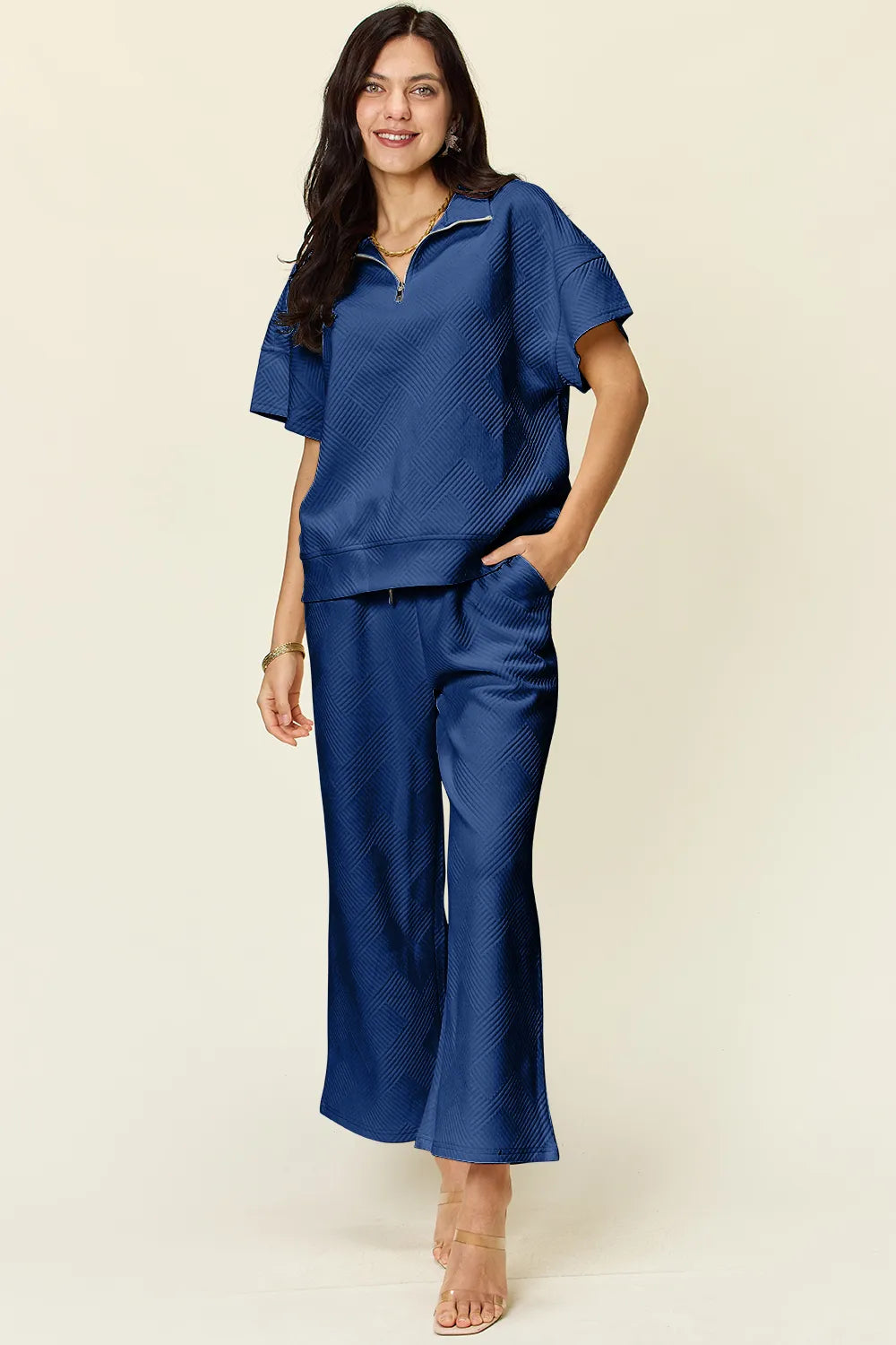 Double Take Full Size Texture Half Zip Short Sleeve Top and Pants Set - Enfance-Heureuse