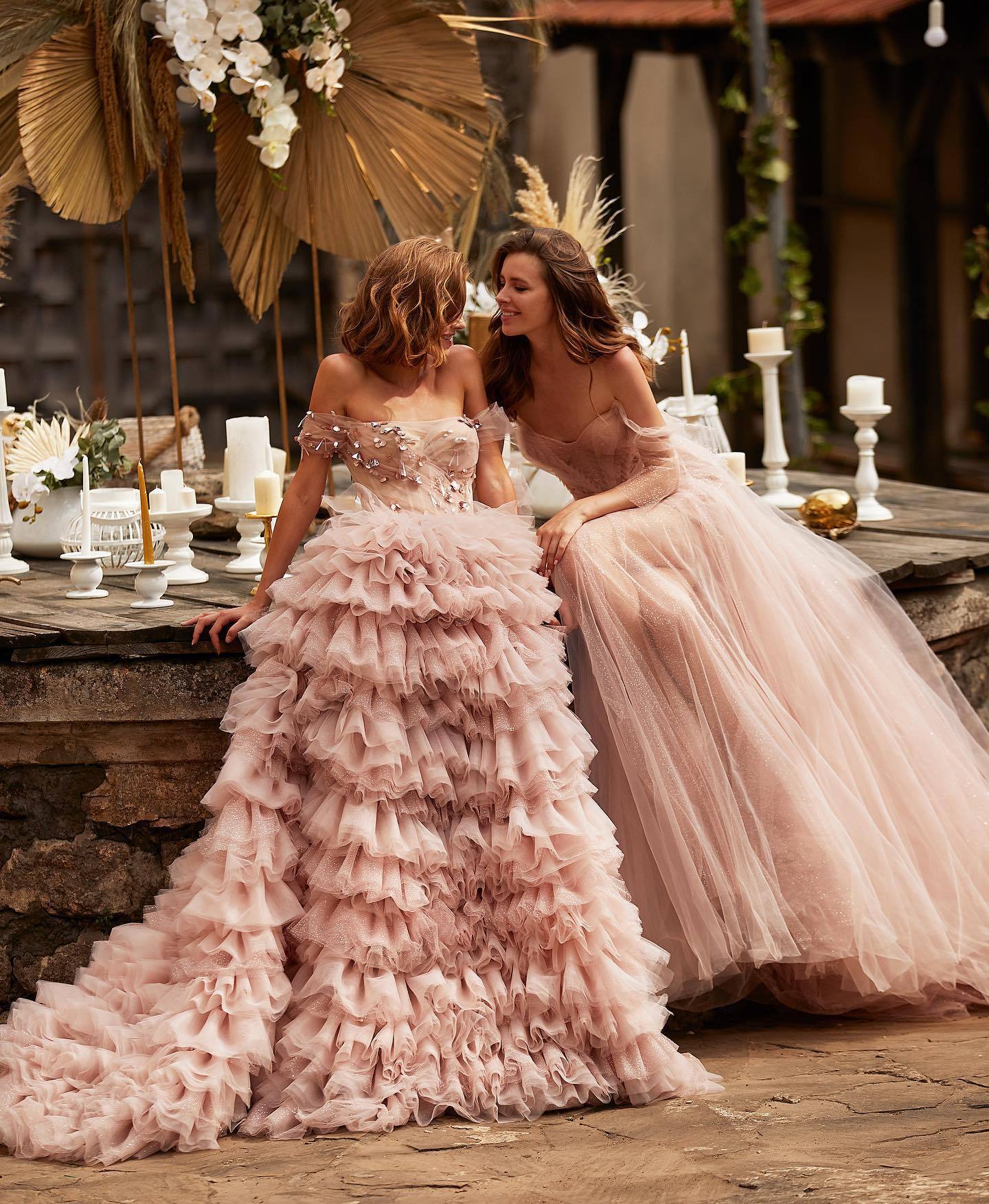 One-line Shoulder Wipe Chest Princess Studded Beaded Cake Skirt Pink Wedding Dress - Enfance-Heureuse