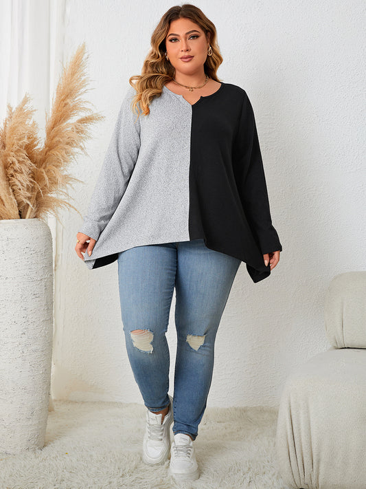 Honey Plus Size Contrast Notched Neck T-Shirt - Enfance-Heureuse