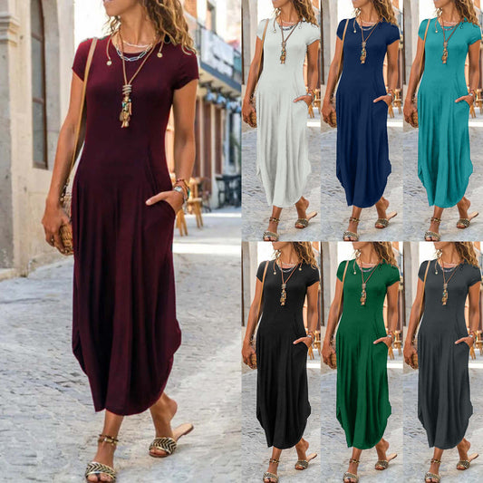 Pullover Short Sleeve Round Neck Mid Waist Solid Color Dress - Enfance-Heureuse