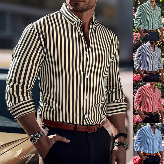Ins Stripe Printed Long Sleeve Shirt Men Fashion Casual Lapel Button Top Clothing - Enfance-Heureuse