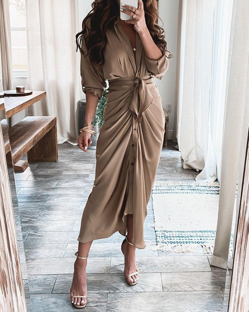 Long Sleeve V Neck Button Print Long Dress Women's - Enfance-Heureuse