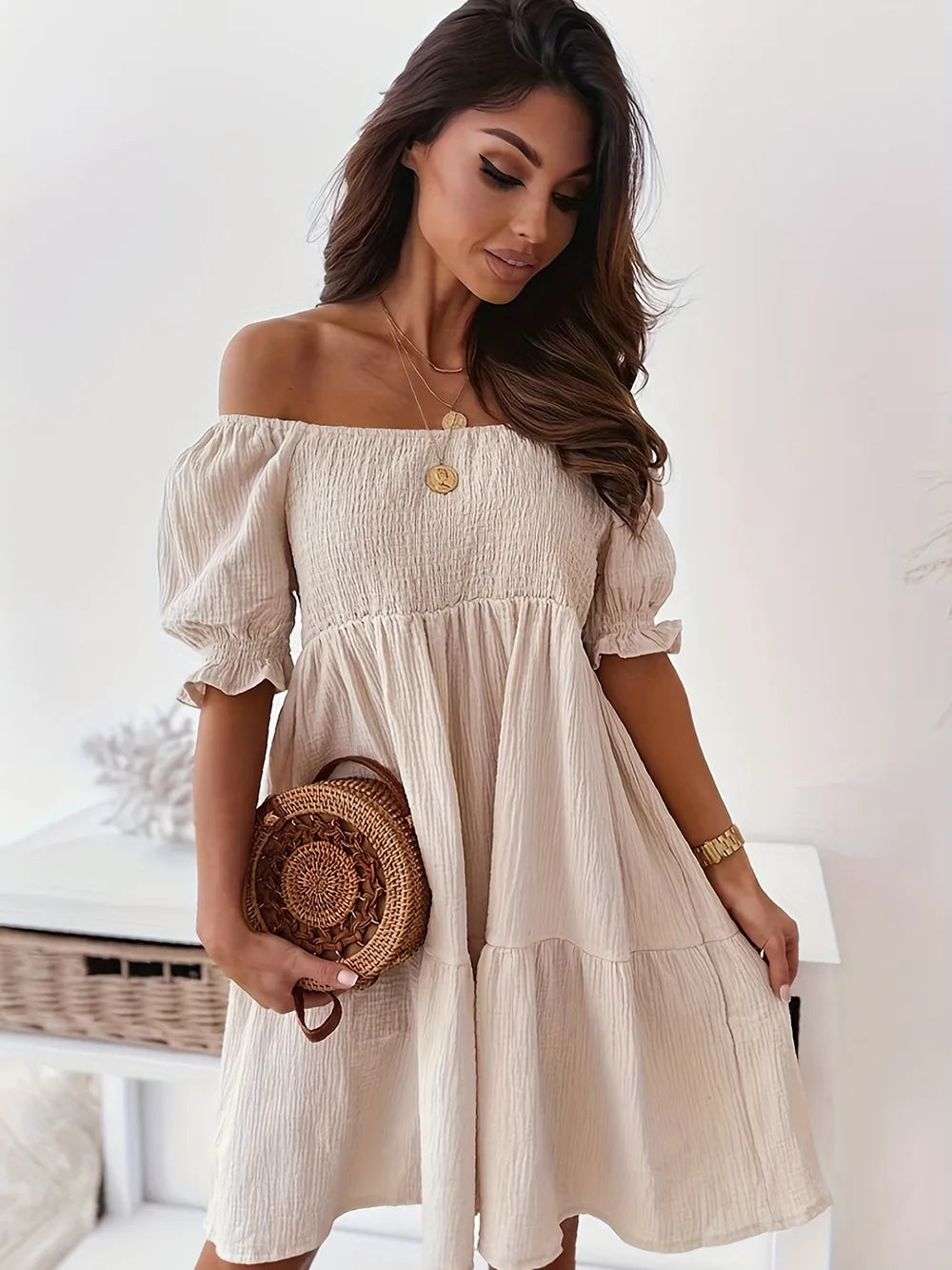 Full Size Ruffled Off-Shoulder Short Sleeve Dress - Enfance-Heureuse