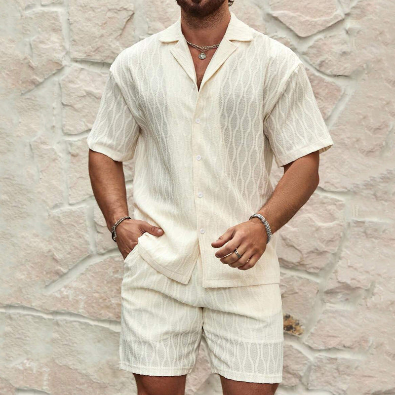 Men Tracksuits Summer Fashion Solid Loose Casual Two Pieces Lapel Button Shirt Shorts Beach Holiday All-match Outfits Male - Enfance-Heureuse