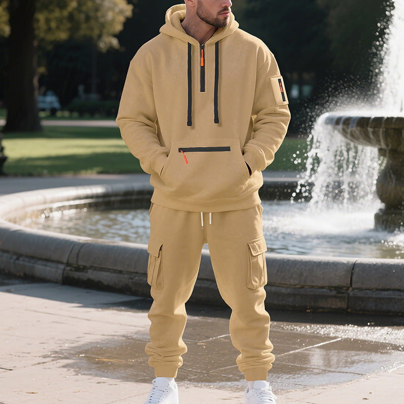 Men's Loose Sports And Leisure Suit Sweater Fleece-lined Hoodie Set Zipper Multi-Pocket Pullover Men's Sports Casual Top Two-piece Set - Enfance-Heureuse