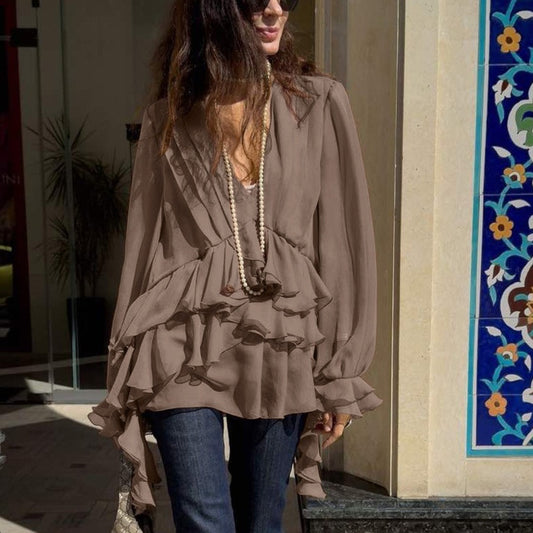Chiffon V-neck Long Sleeve Shirt - Enfance-Heureuse