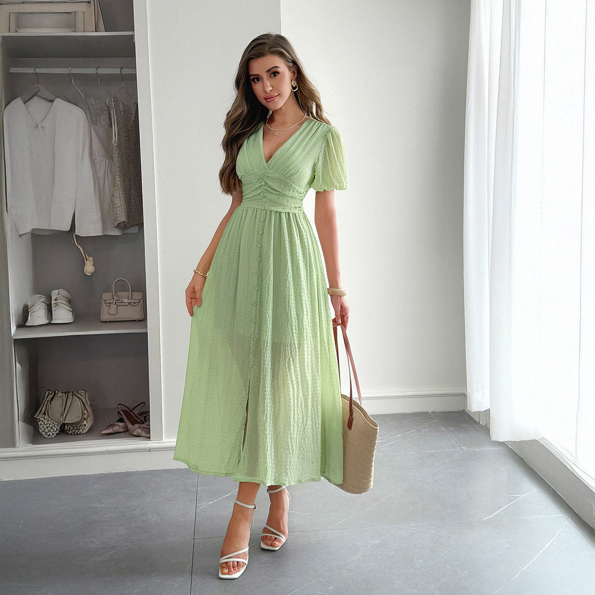 Elegant Vacation Style Deep V Short Sleeve Maxi Dress - Enfance-Heureuse