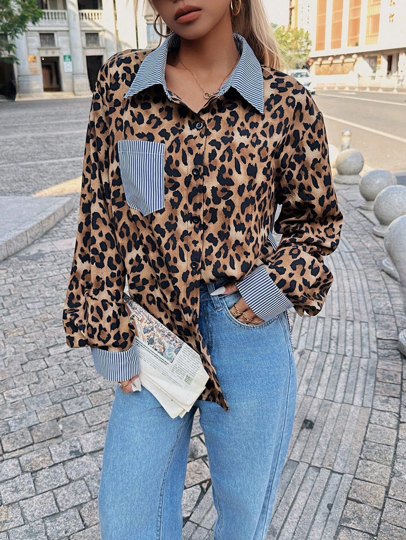 INS Leopard Striped Patchwork Shirt Fashion Casual Long-sleeved Button Lapel Top Women's Clothing - Enfance-Heureuse