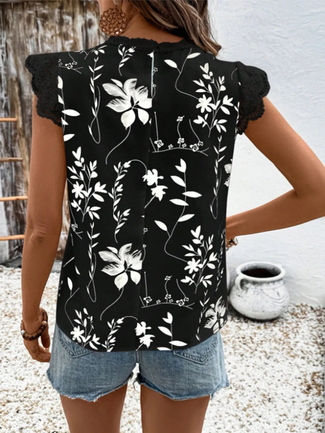 Lace Detail Printed Cap Sleeve Blouse - Enfance-Heureuse
