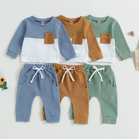 Color Matching Pocket Waffle Sweater Lace-up Sweatpants 2-Piece Children's Fashion Casual Wear Baby Suit