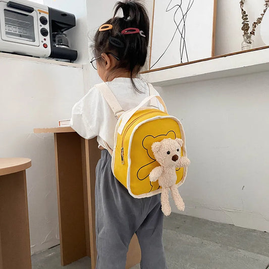 Mini mochila de lona para jardín de infantes con muñeco de oso lindo