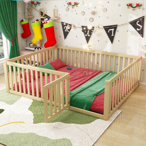 Kinderbett 140 X 200 Holzboden Bettrahmen Mit Zaun Und Tur Holzfarbe - Enfance-Heureuse