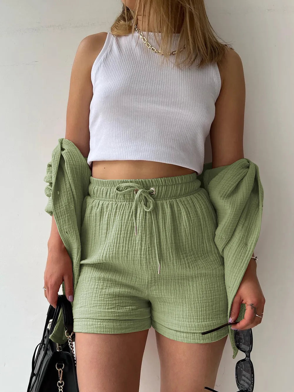 Texture Button Up Shirt and Drawstring Shorts Set - Enfance-Heureuse