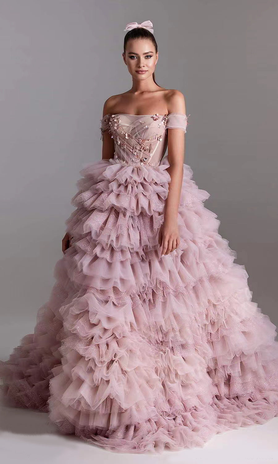 One-line Shoulder Wipe Chest Princess Studded Beaded Cake Skirt Pink Wedding Dress - Enfance-Heureuse