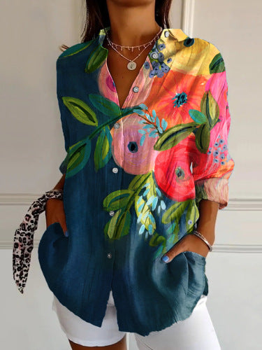 New Women's Long Sleeved Shirt For Summer Fashion, 3D Printed Shirt With Floral Pattern - Enfance-Heureuse