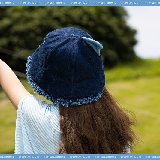 Japanese Shark Cartoon Bucket Hat Washed Denim Big Head Circumference Sun-proof Basin Hat