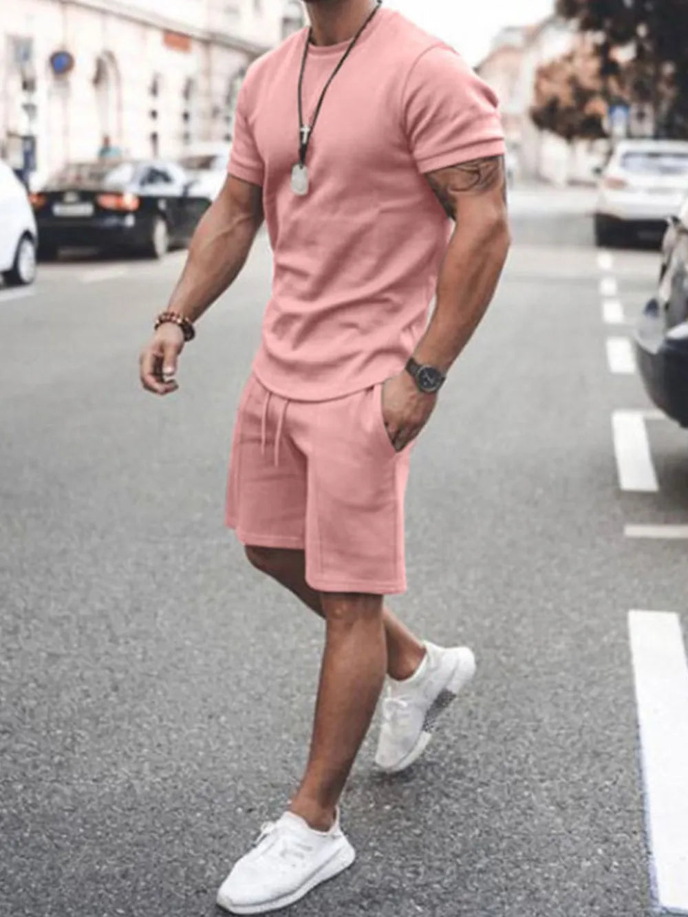 Men's Plus Size Round Neck Short Sleeve Top and Shorts Set - Enfance-Heureuse