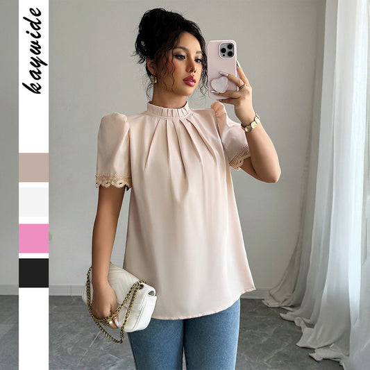 Simple Fashion Style Embroidered Sleeve Round Neck Blouse Women's Shirt - Enfance-Heureuse