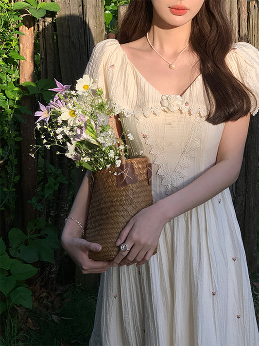 French Vintage Embroidered Floral Dress - Enfance-Heureuse