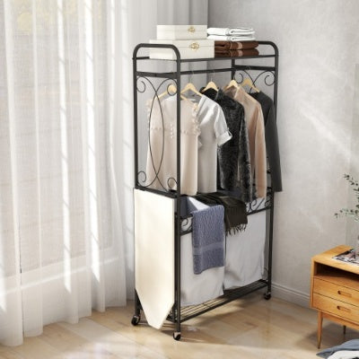 Multi Functional Laundry Hamper Organizer With Hanging Rail And Storage Shelf Rolling Laundry Cart With Wheels, Heavy Duty Metal Frame For Bathroom, Laundry Room, Or Bedroom Organization - Enfance-Heureuse