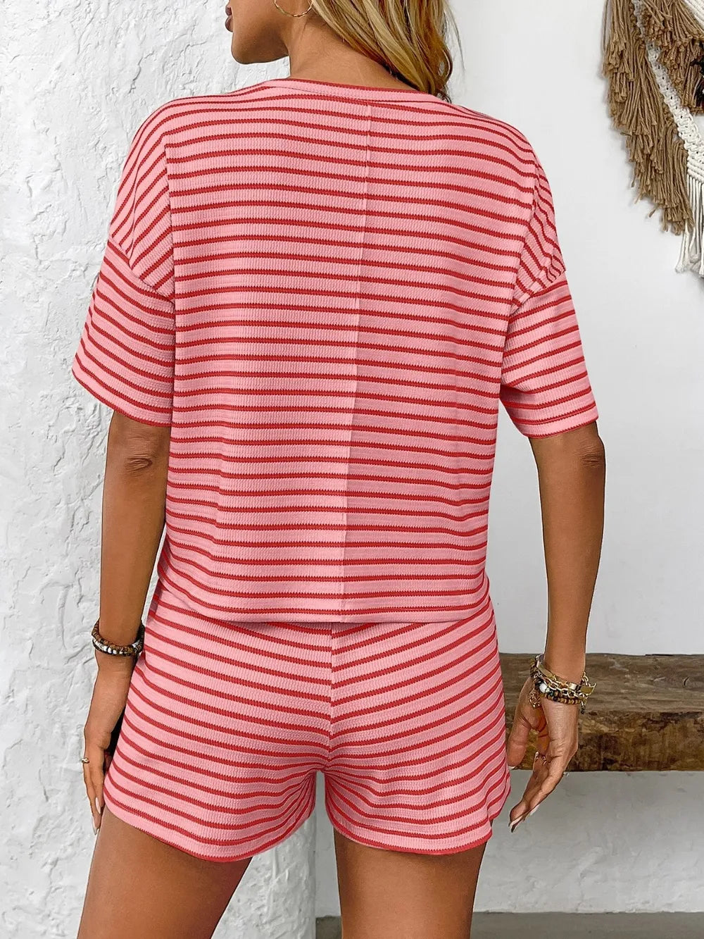 Striped Round Neck Short Sleeve Top and Shorts Set - Enfance-Heureuse