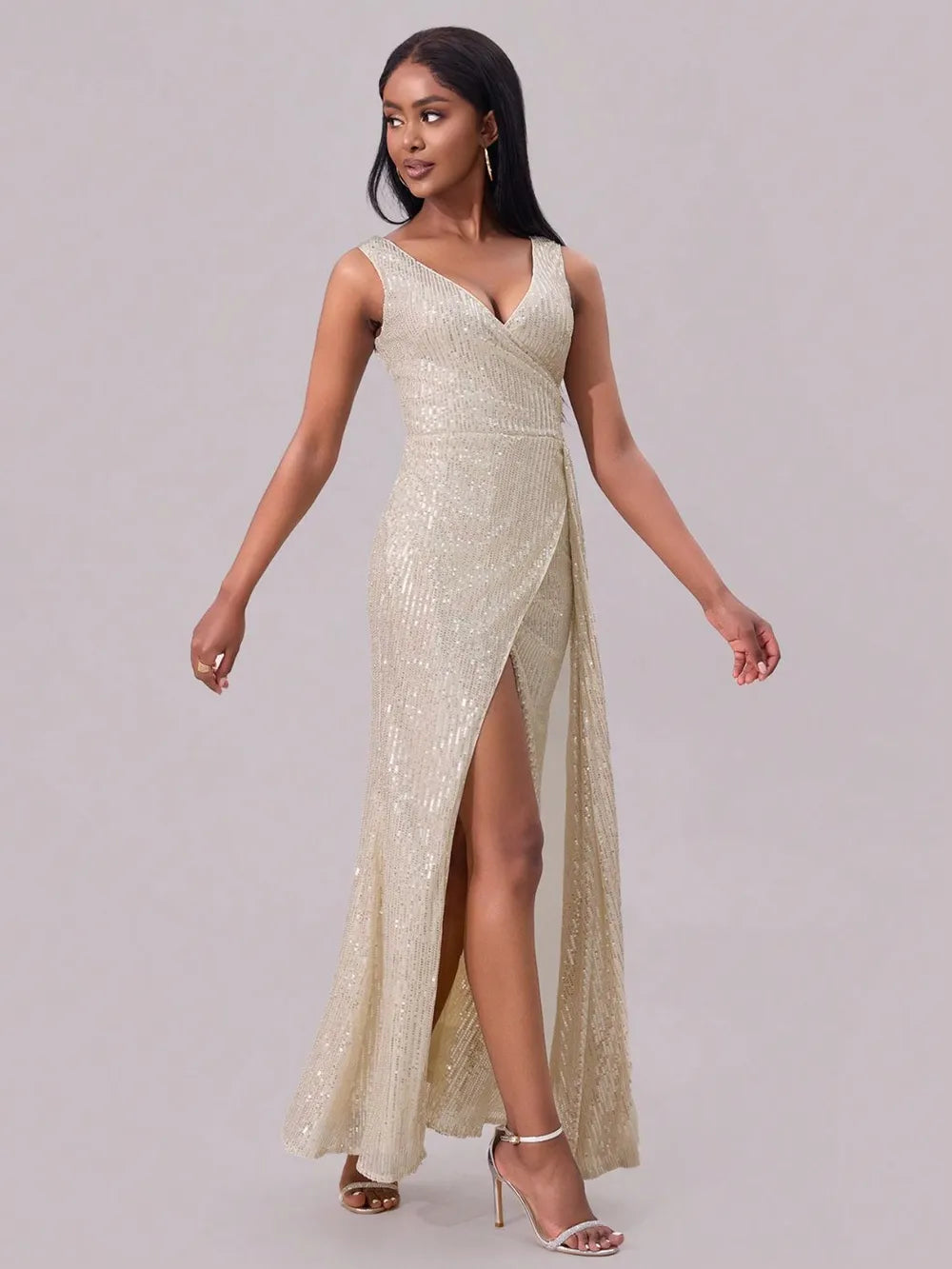 Slit Sequin Surplice Sleeveless Maxi Dress - Enfance-Heureuse