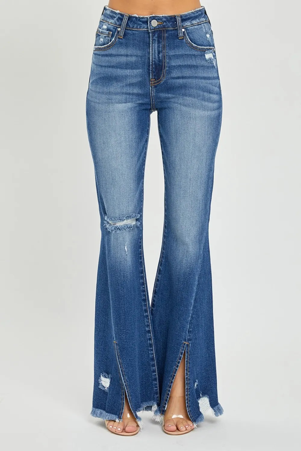 RISEN Full Size High Rise Front Slit Frayed Hem Flare Jeans - Enfance-Heureuse