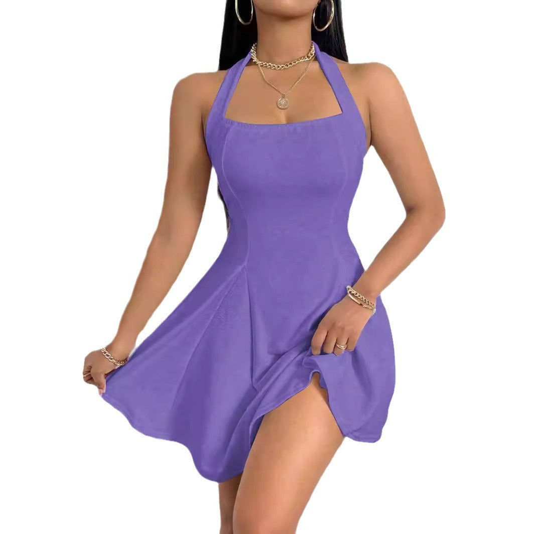 Pure Color Halter Backless Sleeveless Dress - Enfance-Heureuse