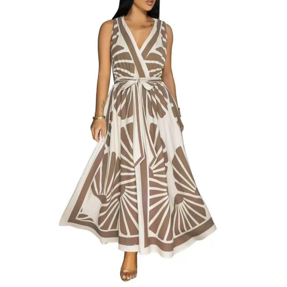 European And American V-neck Positioning Printing Backless Dress - Enfance-Heureuse
