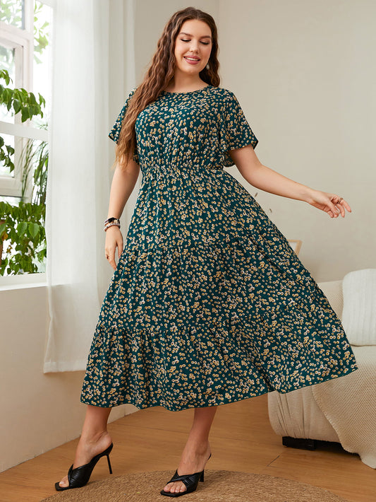 Honey Plus Size Floral Round Neck Short Sleeve Midi Dress - Enfance-Heureuse