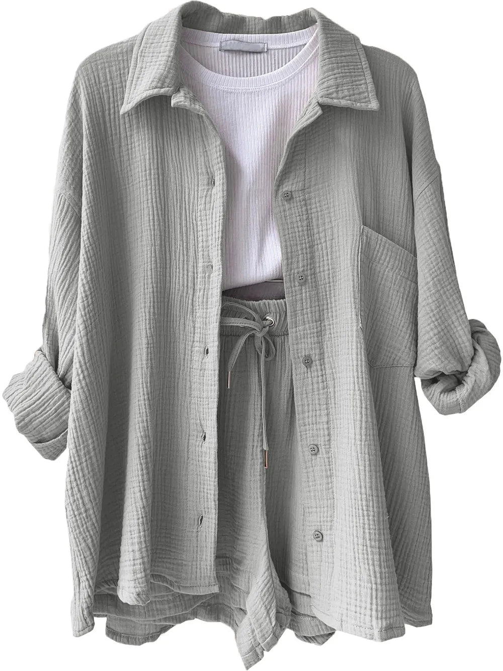 Texture Button Up Shirt and Drawstring Shorts Set - Enfance-Heureuse