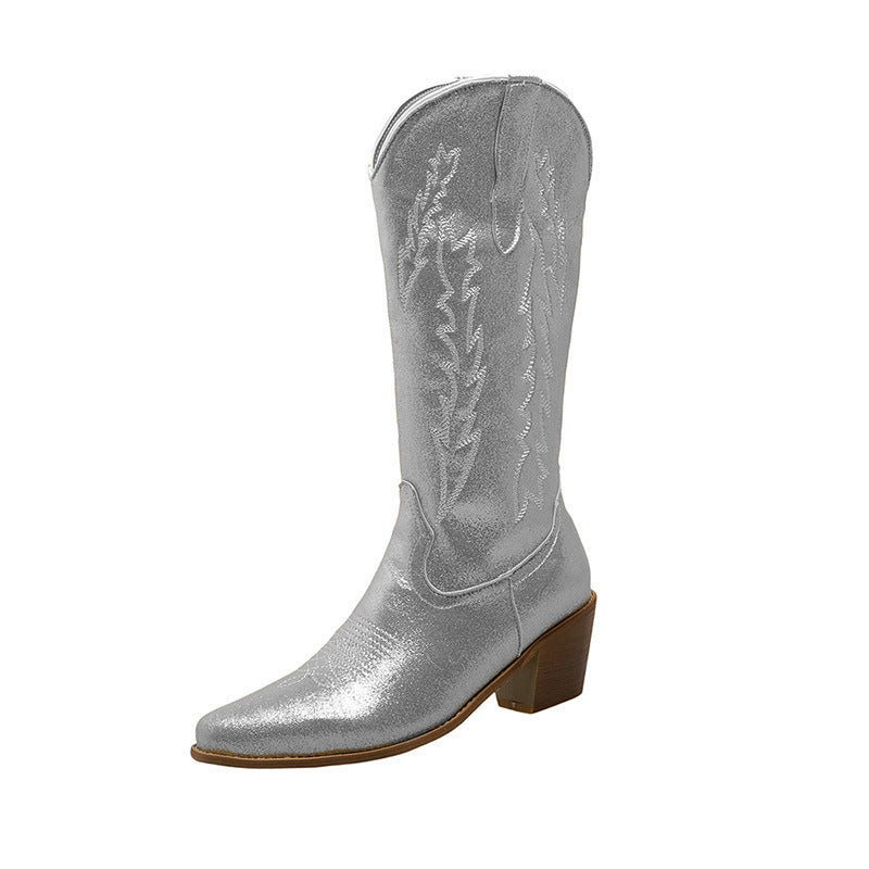 European And American Women's Mid-calf Fluorescent Pointed Knight Boots Chunky Heel Shoes Boots - Enfance-Heureuse